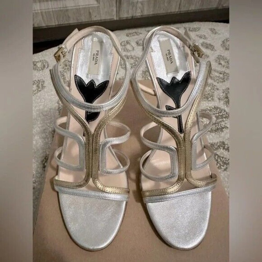 Authentic Prada gold and silver strap high heeled sandal, size 35
